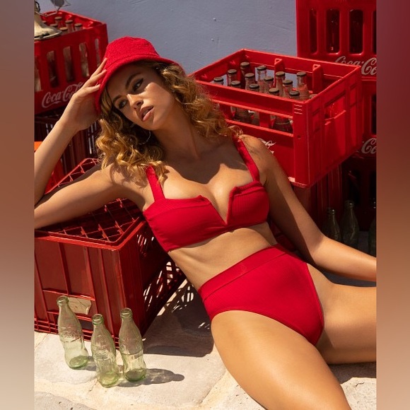 New‎ L*SPACE Frenchi Bottom Bitsy Cut High Waist Bikini Pointelle Rib Red Large - Picture 1 of 10
